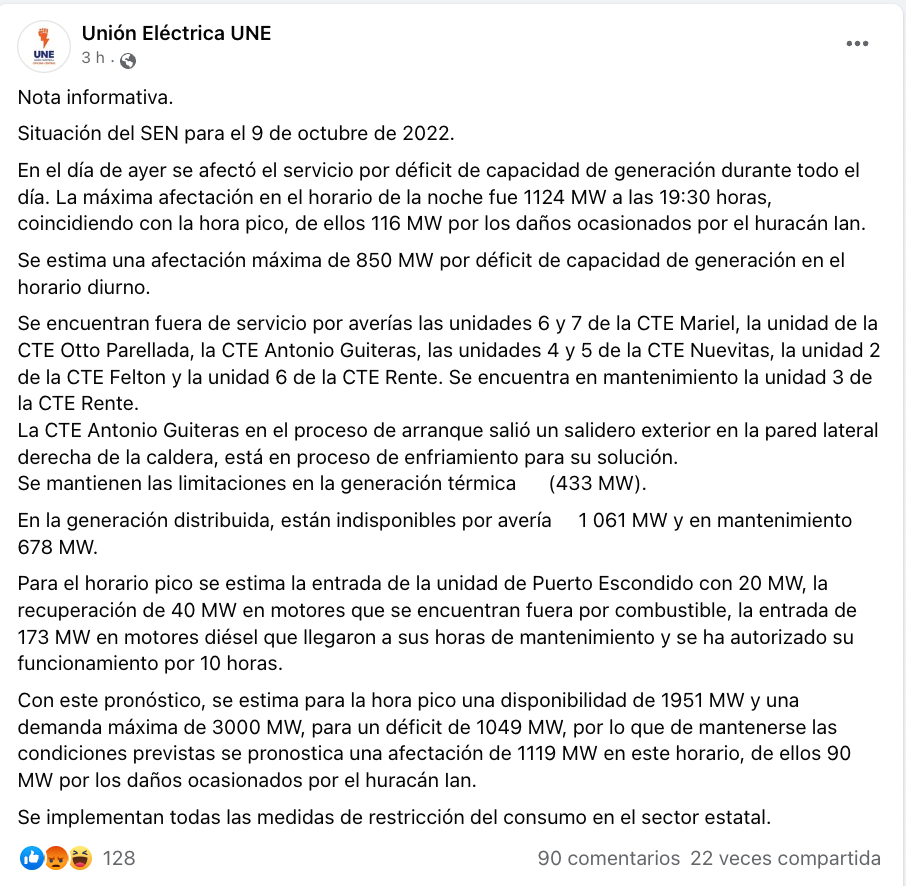 Apagones en Cuba: Pronostican hoy un déficit de 1119 MW en el horario pico